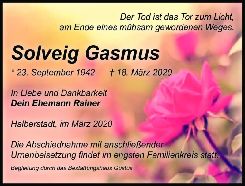  Traueranzeige für Solveig Gasmus  vom 28.03.2020 aus Magdeburger Volksstimme