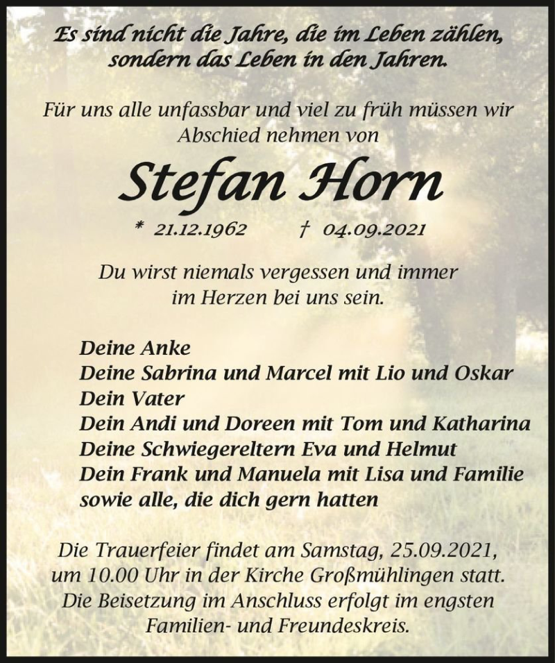  Traueranzeige für Stefan Horn  vom 11.09.2021 aus Magdeburger Volksstimme
