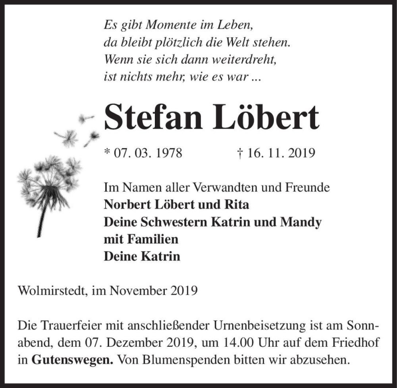  Traueranzeige für Stefan Löbert  vom 23.11.2019 aus Magdeburger Volksstimme