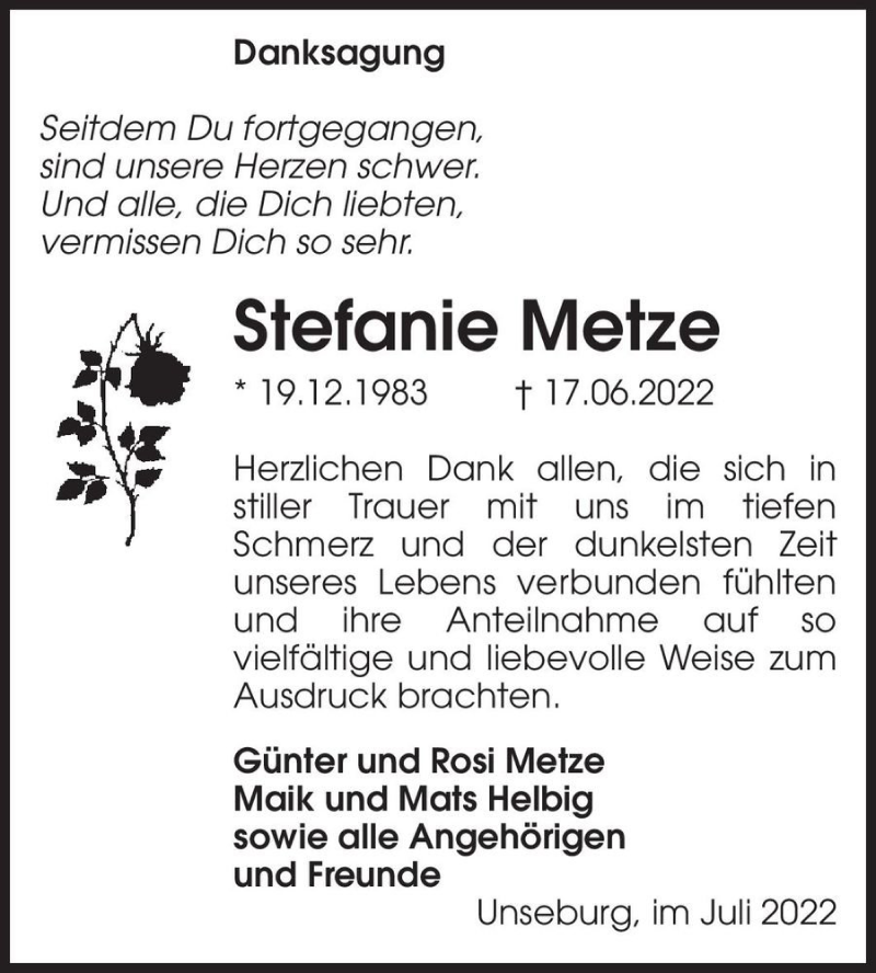  Traueranzeige für Stefanie Metze  vom 30.07.2022 aus Magdeburger Volksstimme