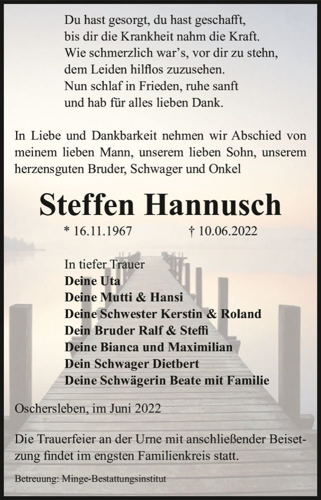  Traueranzeige für Steffen Hannusch  vom 16.06.2022 aus Magdeburger Volksstimme