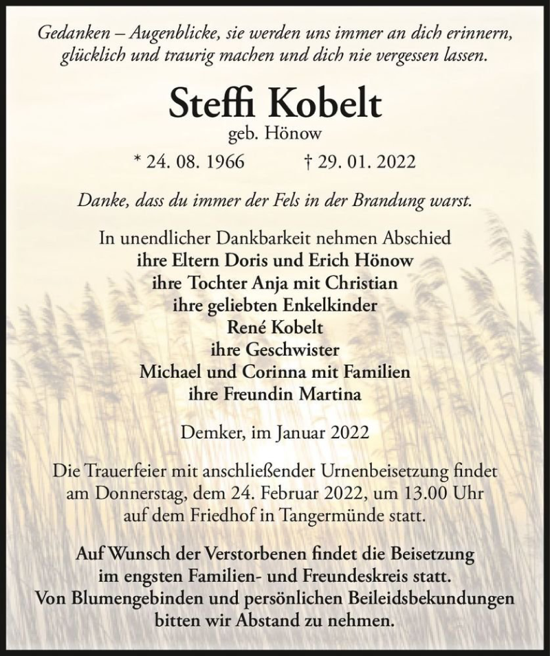  Traueranzeige für Steffi Kobelt (geb. Hönow)  vom 05.02.2022 aus Magdeburger Volksstimme