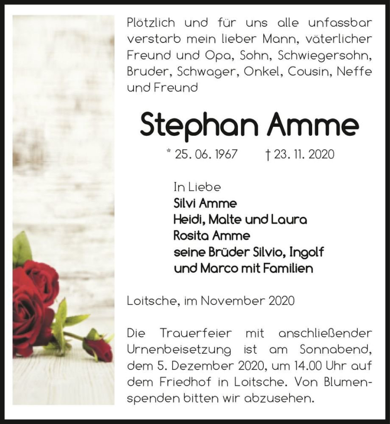  Traueranzeige für Stephan Amme  vom 28.11.2020 aus Magdeburger Volksstimme