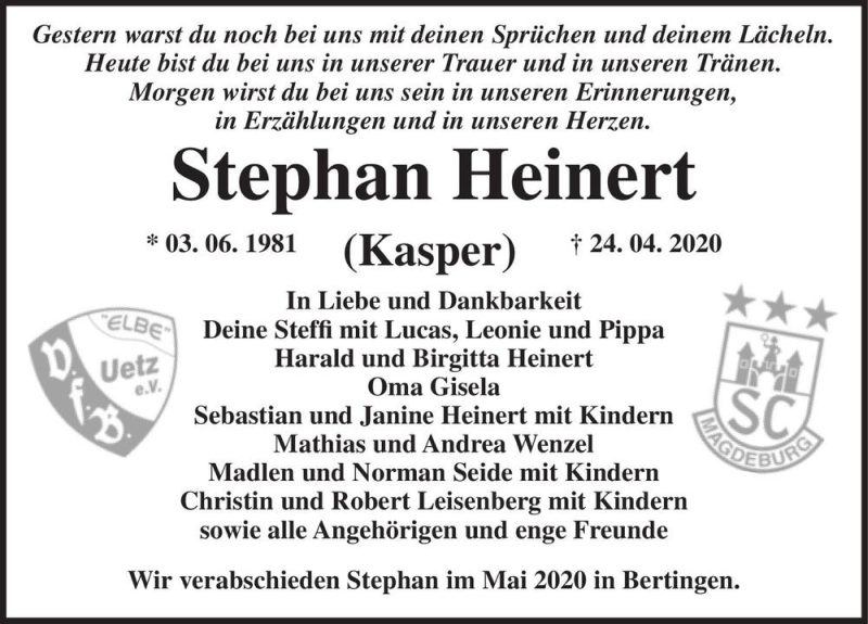  Traueranzeige für Stephan Heinert (Kasper)  vom 02.05.2020 aus Magdeburger Volksstimme