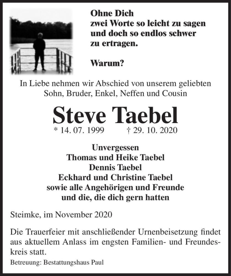  Traueranzeige für Steve Taebel  vom 07.11.2020 aus Magdeburger Volksstimme