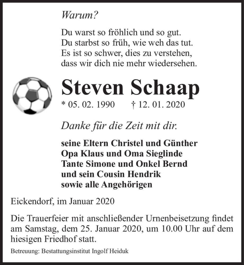  Traueranzeige für Steven Schaap  vom 18.01.2020 aus Magdeburger Volksstimme
