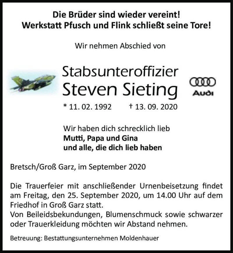  Traueranzeige für Steven Sieting  vom 18.09.2020 aus Magdeburger Volksstimme