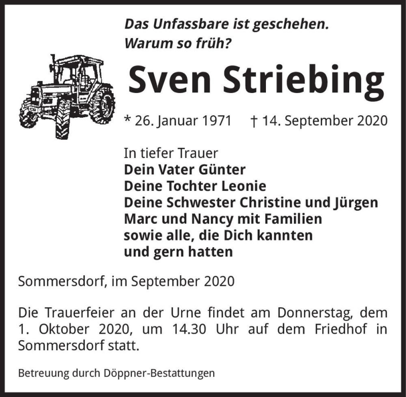  Traueranzeige für Sven Striebing  vom 19.09.2020 aus Magdeburger Volksstimme