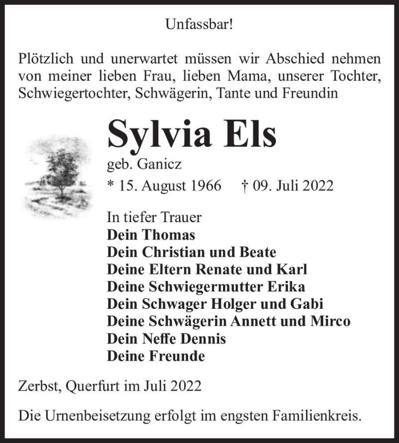  Traueranzeige für Sylvia Els (geb. Ganicz)  vom 16.07.2022 aus Magdeburger Volksstimme