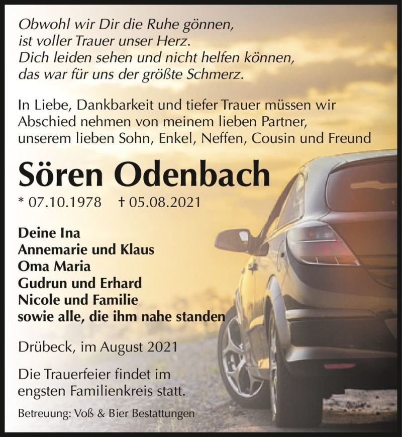  Traueranzeige für Sören Odenbach  vom 07.08.2021 aus Magdeburger Volksstimme