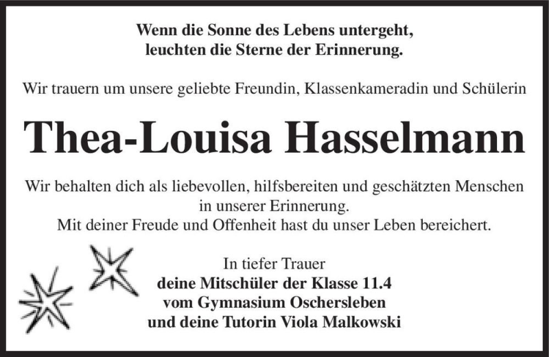 Traueranzeige für Thea-Louisa Hasselmann vom 13.12.2019 aus Magdeburger Volksstimme