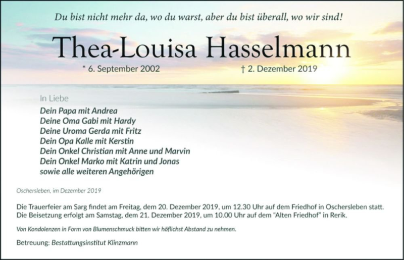  Traueranzeige für Thea-Louisa Hasselmann vom 18.12.2019 aus Magdeburger Volksstimme