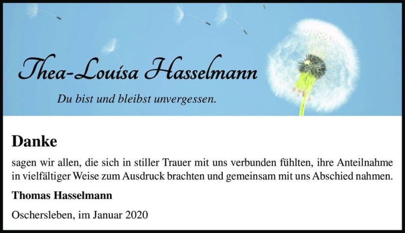  Traueranzeige für Thea-Louisa Hasselmann vom 18.01.2020 aus Magdeburger Volksstimme