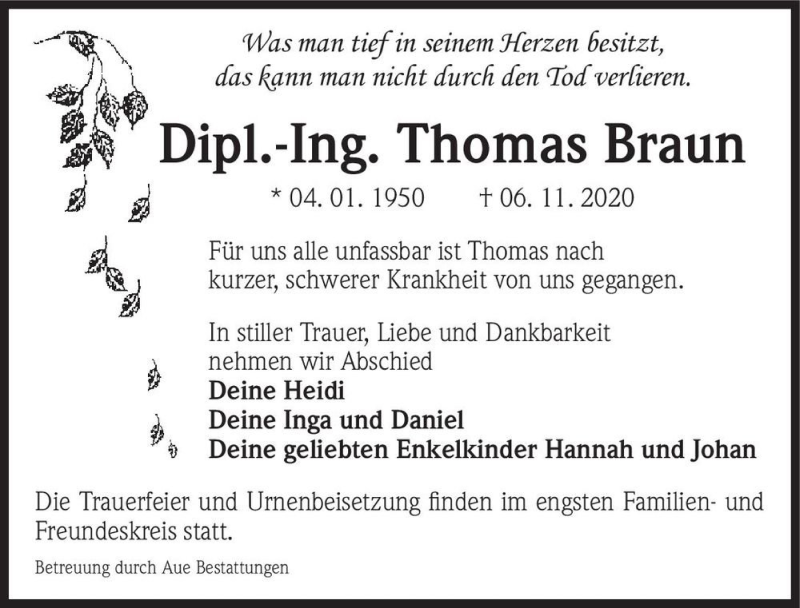  Traueranzeige für Thomas Braun  vom 14.11.2020 aus Magdeburger Volksstimme