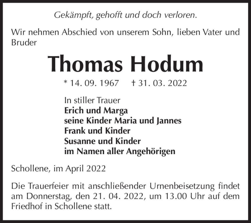  Traueranzeige für Thomas Hodum  vom 09.04.2022 aus Magdeburger Volksstimme