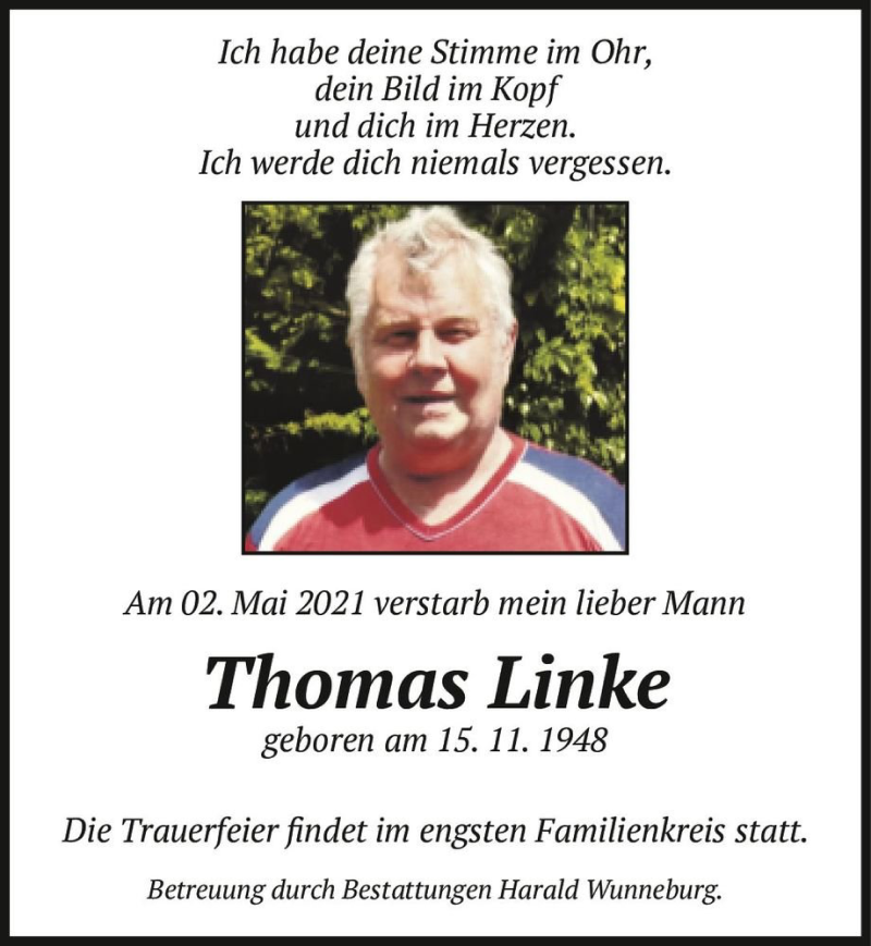  Traueranzeige für Thomas Linke  vom 08.05.2021 aus Magdeburger Volksstimme