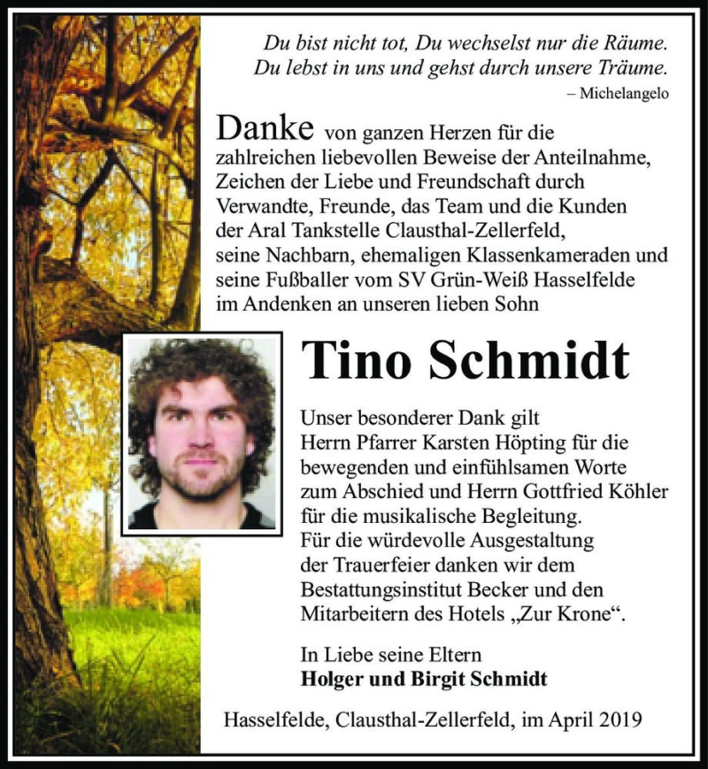  Traueranzeige für Tino Schmidt  vom 06.04.2019 aus Magdeburger Volksstimme