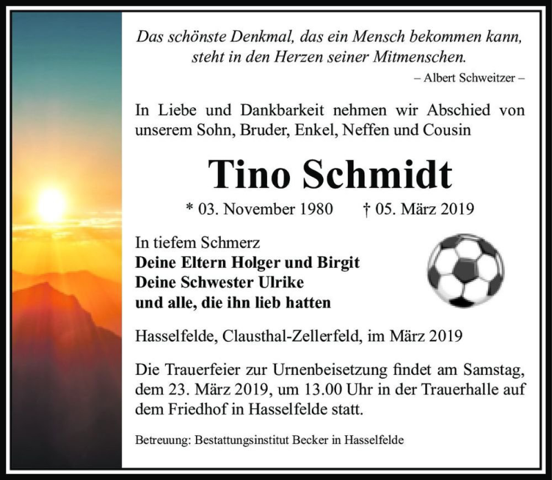  Traueranzeige für Tino Schmidt  vom 16.03.2019 aus Magdeburger Volksstimme
