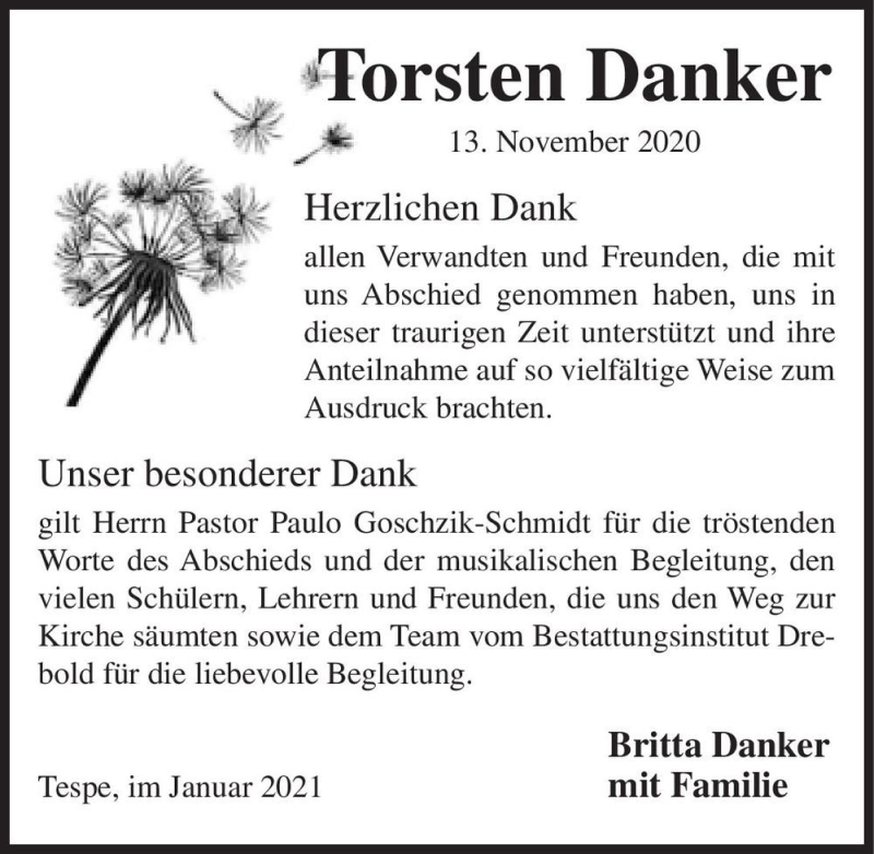  Traueranzeige für Torsten Danker  vom 09.01.2021 aus Magdeburger Volksstimme
