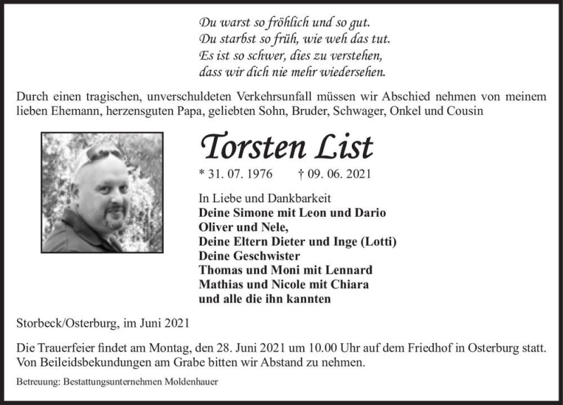  Traueranzeige für Torsten List  vom 22.06.2021 aus Magdeburger Volksstimme