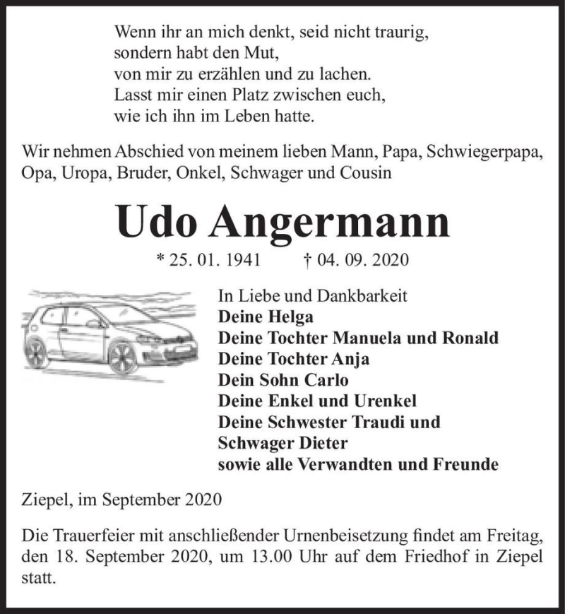  Traueranzeige für Udo Angermann  vom 12.09.2020 aus Magdeburger Volksstimme