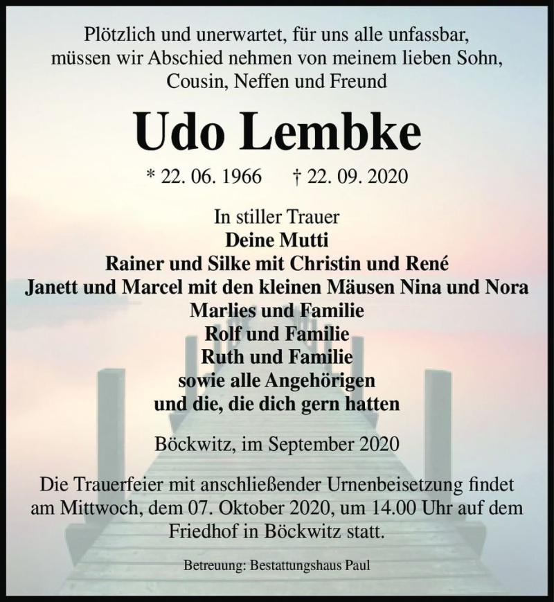  Traueranzeige für Udo Lembke  vom 26.09.2020 aus Magdeburger Volksstimme