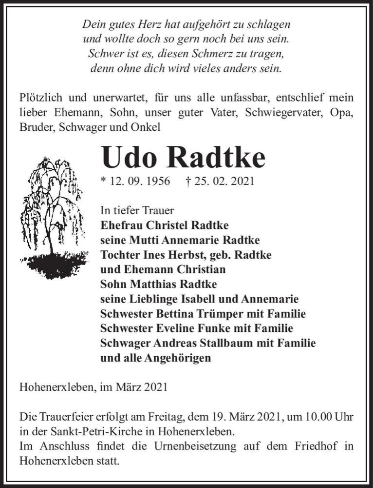  Traueranzeige für Udo Radke  vom 06.03.2021 aus Magdeburger Volksstimme