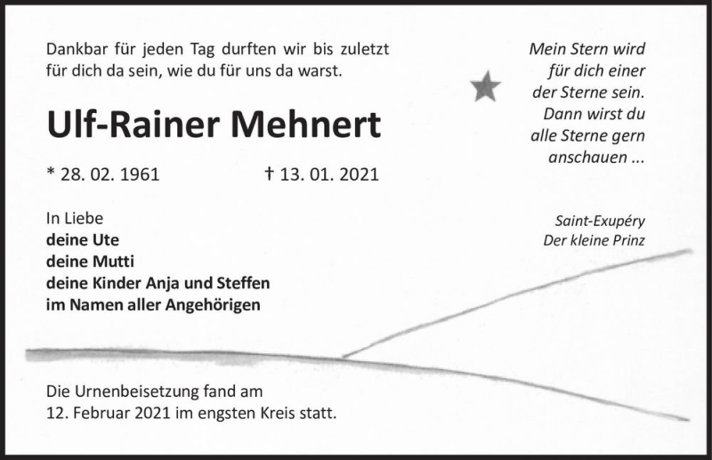  Traueranzeige für Ulf-Rainer Mehnert  vom 13.02.2021 aus Magdeburger Volksstimme