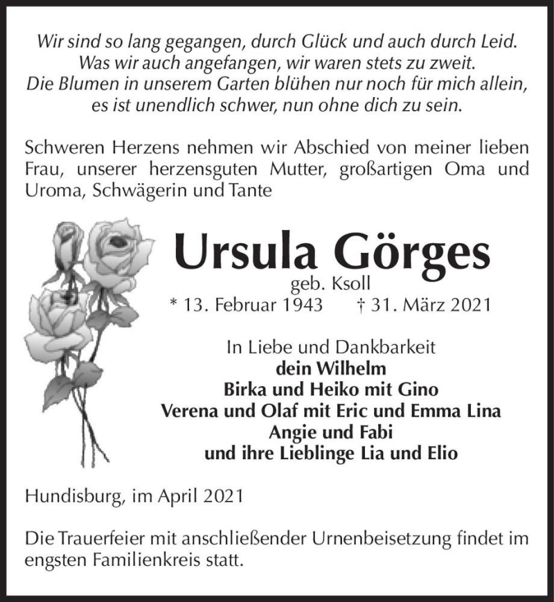  Traueranzeige für Ursula Görges (geb. Ksoll)  vom 10.04.2021 aus Magdeburger Volksstimme