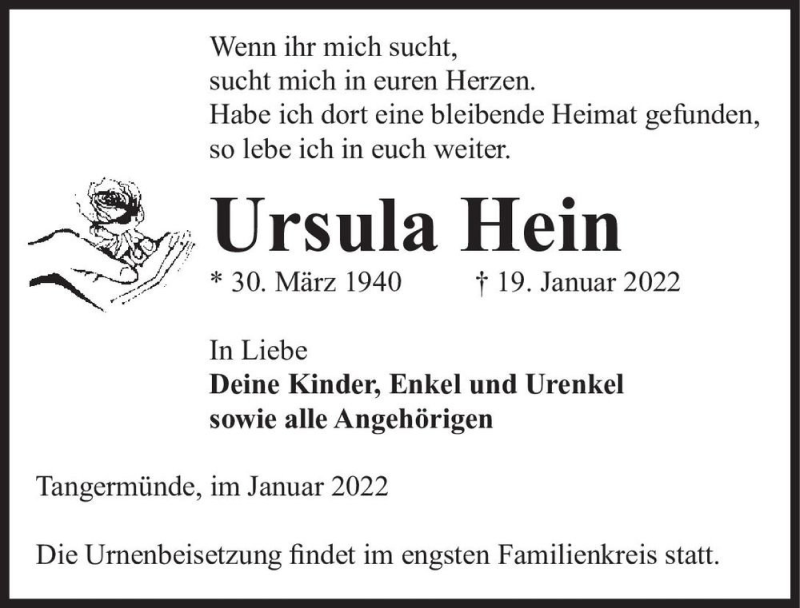  Traueranzeige für Ursula Hein  vom 22.01.2022 aus Magdeburger Volksstimme