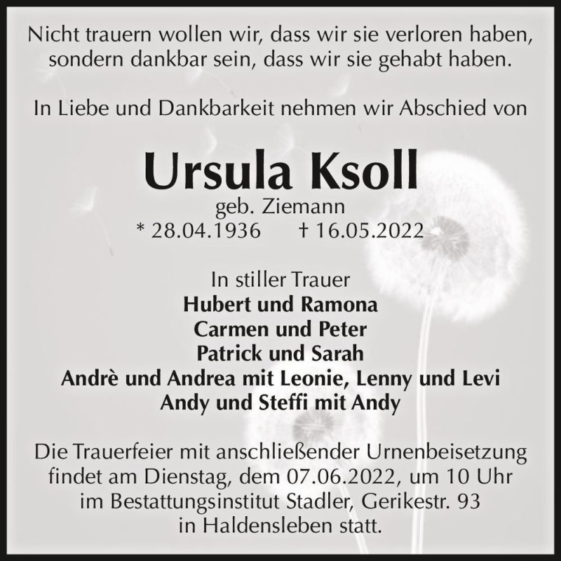  Traueranzeige für Ursula Ksoll (geb. Ziemann)  vom 21.05.2022 aus Magdeburger Volksstimme