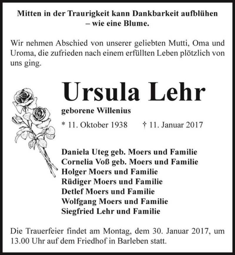  Traueranzeige für Ursula Lehr (geb. Willenius)  vom 21.01.2017 aus Magdeburger Volksstimme