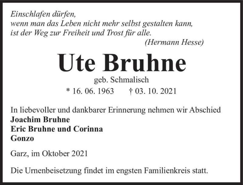  Traueranzeige für Ute Bruhne (geb. Schmalisch)  vom 09.10.2021 aus Magdeburger Volksstimme
