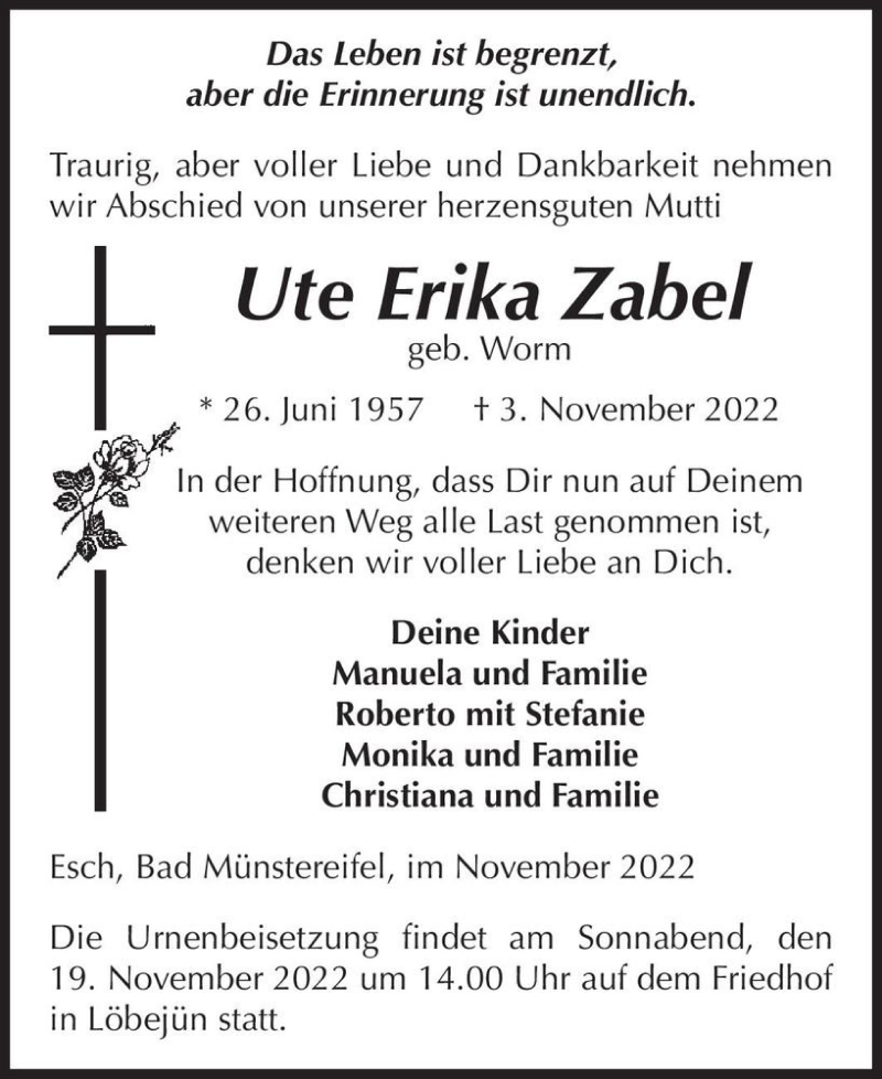  Traueranzeige für Ute Erika Zabel (geb. Worm)  vom 18.11.2022 aus Magdeburger Volksstimme