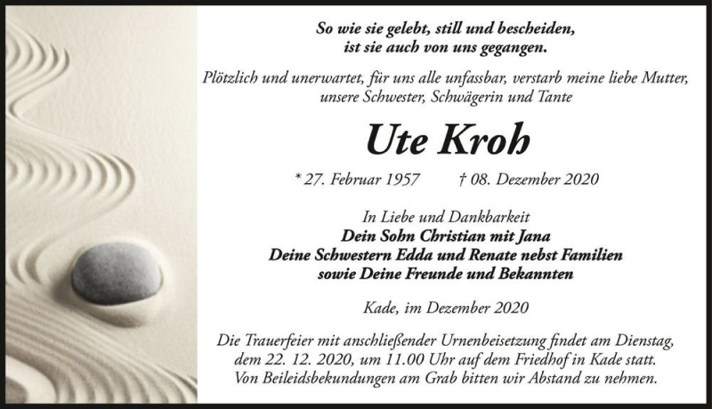  Traueranzeige für Ute Kroh  vom 12.12.2020 aus Magdeburger Volksstimme