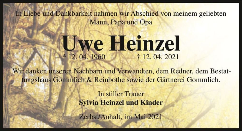  Traueranzeige für Uwe Heinzel  vom 29.05.2021 aus Magdeburger Volksstimme