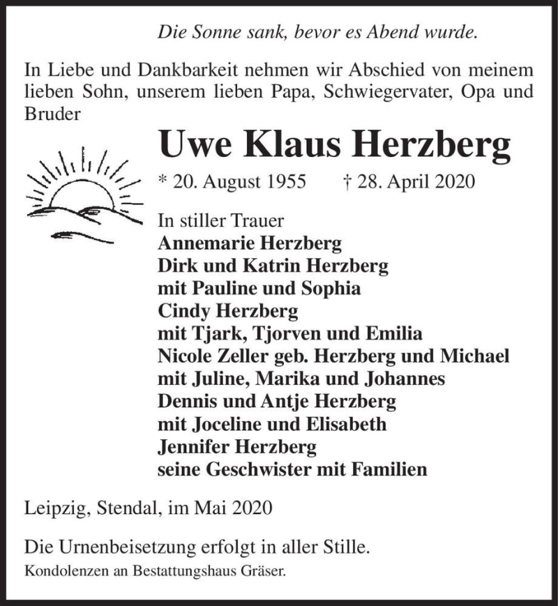  Traueranzeige für Uwe Klaus Herzberg  vom 09.05.2020 aus Magdeburger Volksstimme