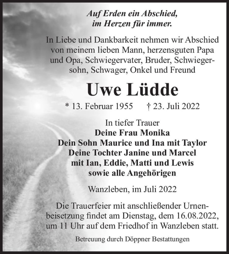 Traueranzeige für Uwe Lüdde  vom 06.08.2022 aus Magdeburger Volksstimme