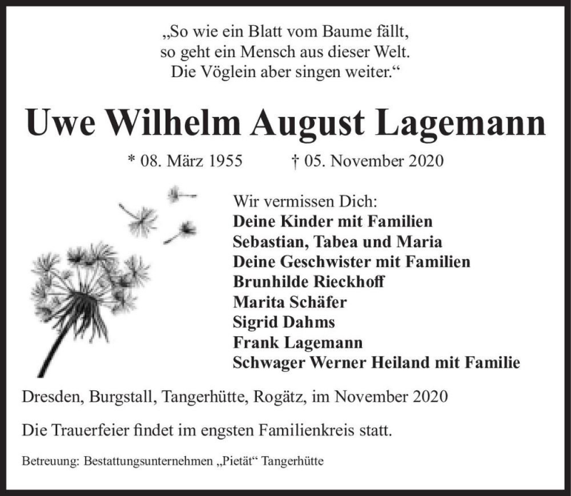  Traueranzeige für Uwe Wilhelm August Lagemann  vom 14.11.2020 aus Magdeburger Volksstimme