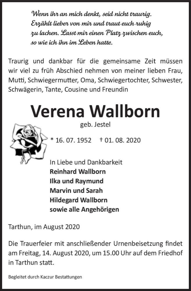  Traueranzeige für Verena Wallborn (geb. Jestel)  vom 08.08.2020 aus Magdeburger Volksstimme