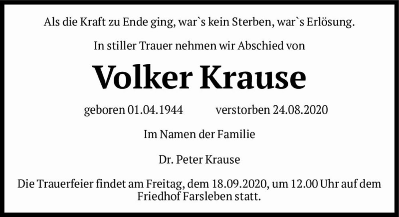  Traueranzeige für Volker Krause  vom 29.08.2020 aus Magdeburger Volksstimme