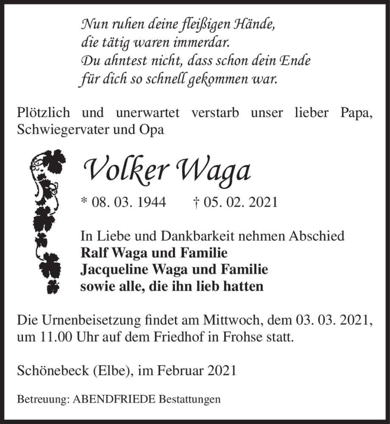  Traueranzeige für Volker Waga  vom 13.02.2021 aus Magdeburger Volksstimme