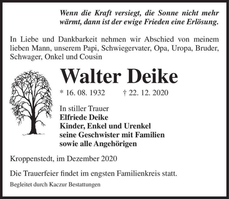  Traueranzeige für Walter Deike  vom 29.12.2020 aus Magdeburger Volksstimme