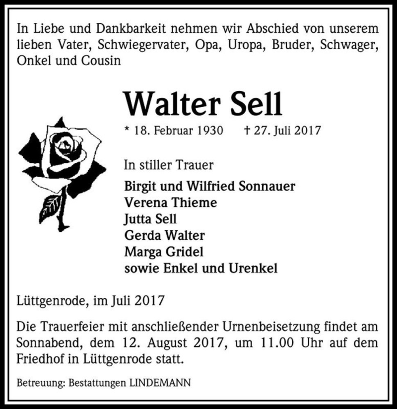  Traueranzeige für Walter Sell  vom 02.08.2017 aus Magdeburger Volksstimme