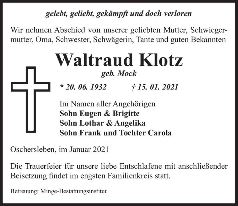  Traueranzeige für Waltraud Klotz (geb. Mock)  vom 21.01.2021 aus Magdeburger Volksstimme