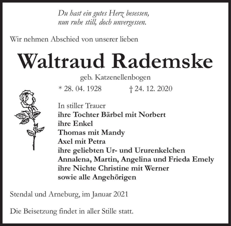 Traueranzeige für Waltraud Rademske (geb. Katzenellenbogen)  vom 12.01.2021 aus Magdeburger Volksstimme