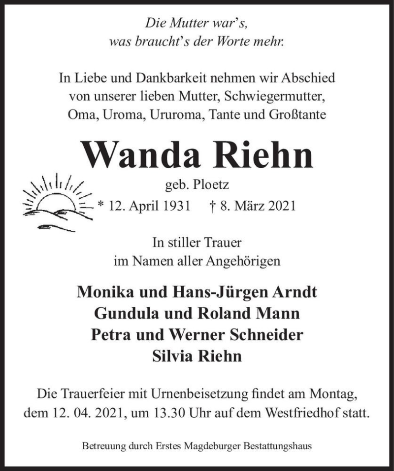  Traueranzeige für Wanda Riehn (geb. Ploetz)  vom 27.03.2021 aus Magdeburger Volksstimme