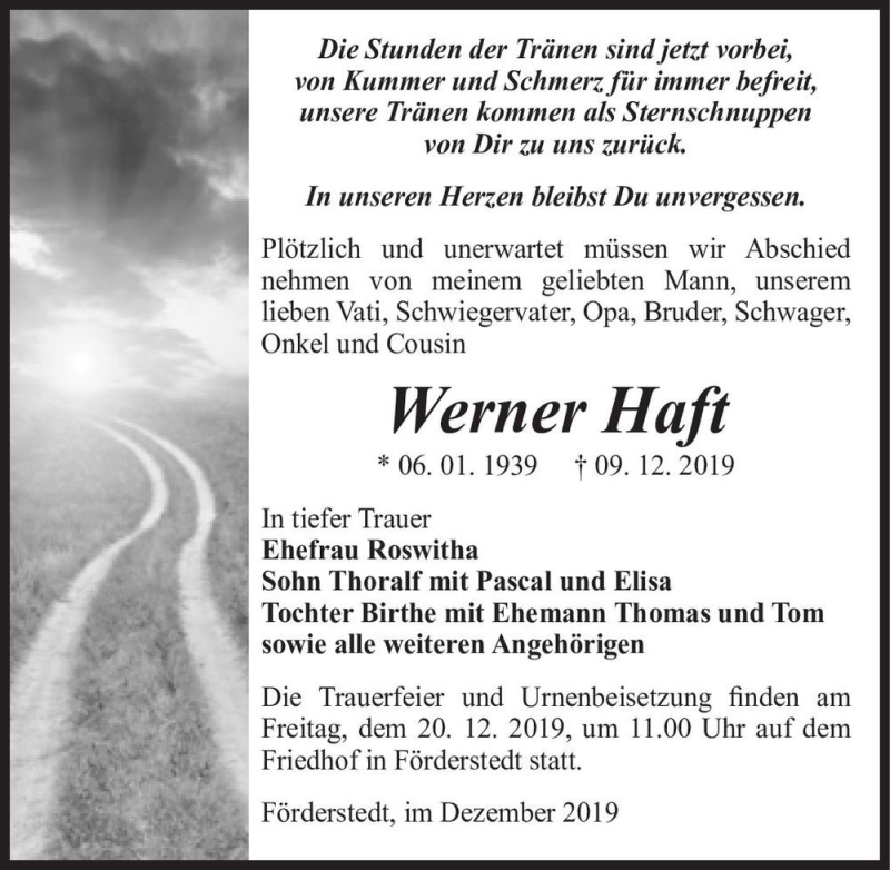  Traueranzeige für Werner Haft  vom 14.12.2019 aus Magdeburger Volksstimme
