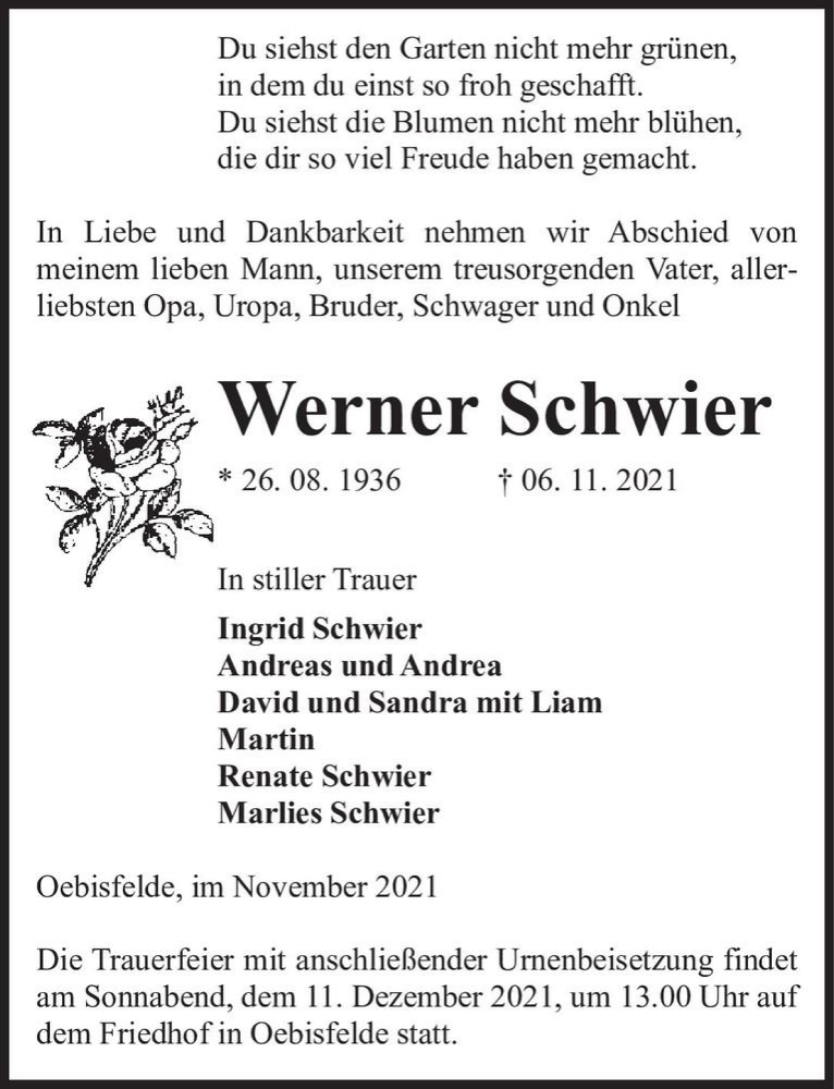  Traueranzeige für Werner Schwier  vom 09.11.2021 aus Magdeburger Volksstimme