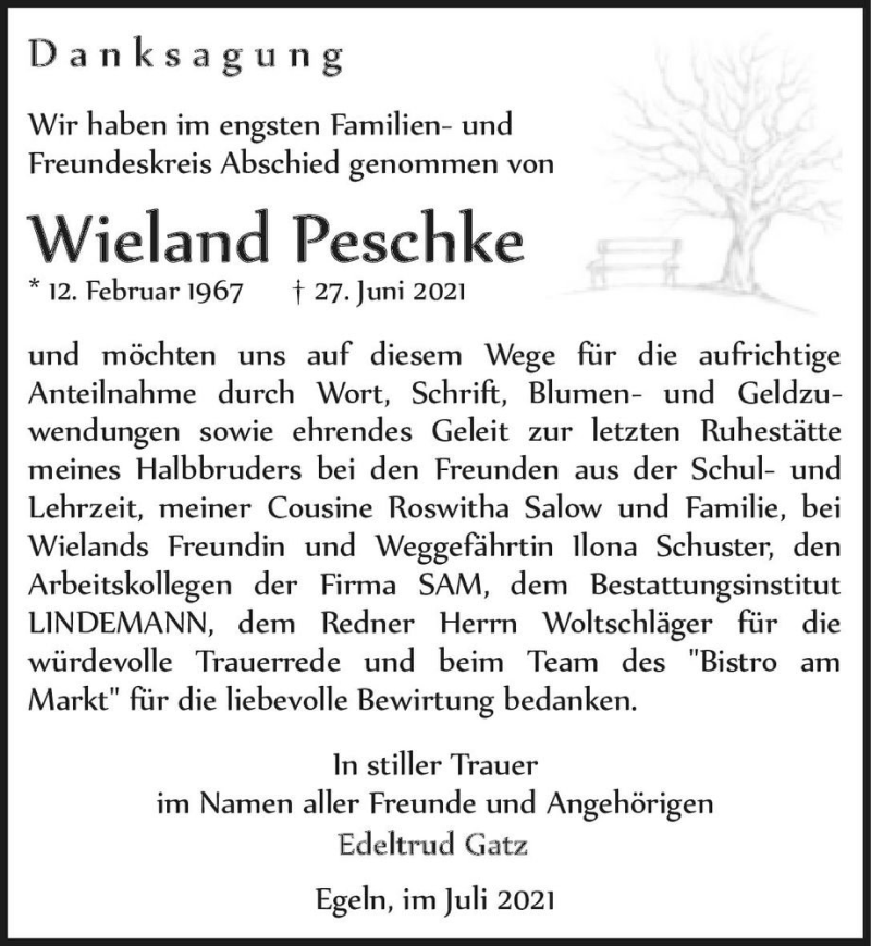  Traueranzeige für Wieland Peschke  vom 31.07.2021 aus Magdeburger Volksstimme
